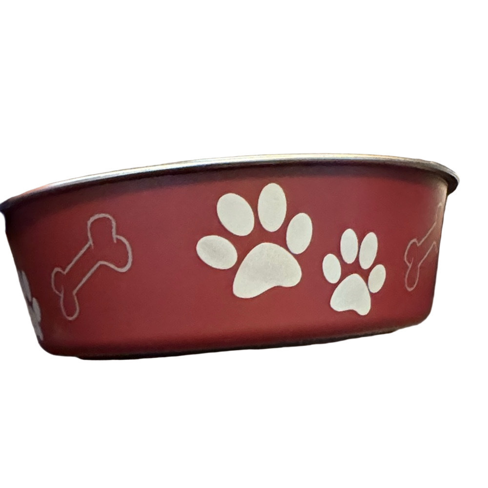 Red and Silver Pet Bowls with Paw Print Design